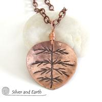 Copper Leaf Necklace with Hand Stamped Design - Earthy Nature Jewelry