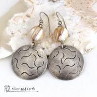 Golden White Mother of Pearl Sterling Silver Earrings with Hand Stamped Texture