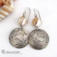 Golden White Mother of Pearl Sterling Silver Earrings with Hand Stamped Texture