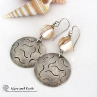 Golden White Mother of Pearl Sterling Silver Earrings with Hand Stamped Texture