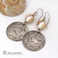 Golden White Mother of Pearl Sterling Silver Earrings with Hand Stamped Texture