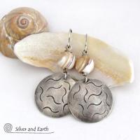 Golden White Mother of Pearl Sterling Silver Earrings with Hand Stamped Texture