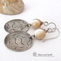 Golden White Mother of Pearl Sterling Silver Earrings with Hand Stamped Texture