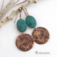 These handcrafted earrings feature copper dangles with a rustic, earthy organic hammered texture accented with natural African turquoise stones. They have an earthy chic style that coordinates beautifully with all wardrobe types. Handmade in the USA by Silver and Earth Jewelry. Your choice of ear wires - copper or hypoallergenic niobium. Makes a great gift for couples celebrating their seventh wedding anniversary, as copper is the traditional choice for this occasion.