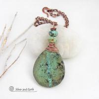 Natural African Turquoise Stone Pendant Necklace Wire Wrapped in Copper 