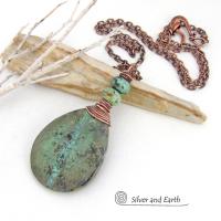 Natural African Turquoise Stone Pendant Necklace Wire Wrapped in Copper 