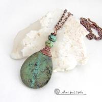 This one-of-a-kind necklace features a natural African turquoise stone wrapped in copper wire and accented with African turquoise stone beads. The stone has an earthy, organic feel with hues of dark blue-green, along with a subtle natural black matrix. It will make a great gift for a natural stone lover - or a nice addition to your own jewelry collection. 