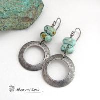 African Turquoise Silver Pewter Hoop Earrings - Modern Earthy Natural Gemstone Jewelry