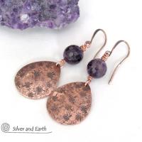 Copper Teardrop Earrings with Purple Amethyst Gemstones - February Birthstone Jewelry - 6th or 7th Anniversary Gift for Wife