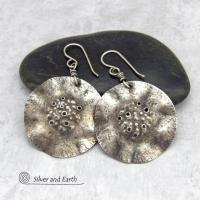 Oxidized Solid Sterling Silver Dangle Earrings with Hammered Earthy Organic Texture - Artisan Handcrafted Edgy Modern Jewelry