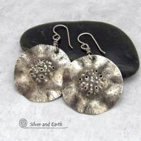 Oxidized Solid Sterling Silver Dangle Earrings with Hammered Earthy Organic Texture - Artisan Handcrafted Edgy Modern Jewelry