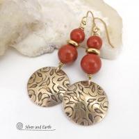These handcrafted earrings have an elegant, modern chic style that coordinates beautifully with all wardrobe types -- dressed up or down. They feature gold brass dangles with a hand stamped texture accented with a stack of red jasper gemstones and shiny brass beads. They'll make a great gift for a natural gemstone lover - or a nice addition to your own jewelry wardrobe. Handmade in the USA by Silver and Earth jewelry.