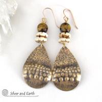 Brass Tribal Earrings with Faceted Brown Tiger's Eye Gemstones and African Carved Bone