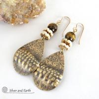 Brass Tribal Earrings with Faceted Brown Tiger's Eye Gemstones and African Carved Bone