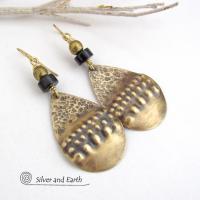 Textured Gold Brass Statement Earrings with Matte Black Jasper Stones - Exotic Boho Tribal Style Jewelry