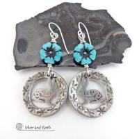Silver Pewter Circle Hoop Earrings with Blue Flower Beads and Bunny Rabbit Charms - Unique Jewelry Gifts for Flower, Nature & Rabbit Lovers