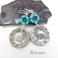 Silver Pewter Circle Hoop Earrings with Blue Flower Beads and Bunny Rabbit Charms - Unique Jewelry Gifts for Flower, Nature & Rabbit Lovers
