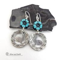Silver Pewter Circle Hoop Earrings with Blue Flower Beads and Bunny Rabbit Charms - Unique Jewelry Gifts for Flower, Nature & Rabbit Lovers