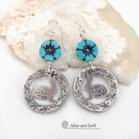 Silver Pewter Circle Hoop Earrings with Blue Flower Beads and Bunny Rabbit Charms - Unique Jewelry Gifts for Flower, Nature & Rabbit Lovers