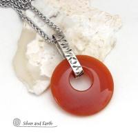 Orange Carnelian Sterling Silver Pendant Necklace -  Earthy Modern Natural Gemstone Jewelry