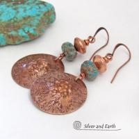 These earrings feature round copper dangles with a rustic, organic hammered texture accented with faceted calsilica jasper stones and brushed satin copper beads. The stones have a pretty blue hue combined with an earthy brown matrix. They have a modern style with a subtle bohemian flair that works well with all wardrobe types. They'll make a great gift for couples celebrating their 7th wedding anniversary --- copper is the traditional choice for this anniversary. 