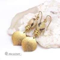 Gold Brass Dangle Earrings with Graphic Feldspar Moonstones - Modern Elegant Earthy Chic Jewelry