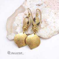 Gold Brass Dangle Earrings with Graphic Feldspar Moonstones - Modern Elegant Earthy Chic Jewelry
