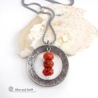 Hand Stamped Silver Pewter Circle Pendant Necklace with Faceted Orange Fire Agate Gemstones 