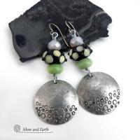 Pewter Earrings with Lampwork Beads and Green Serpentine Stones - Handcrafted Modern Boho Chic Jewelry