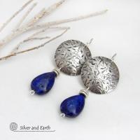Blue Lapis Lazuli Sterling Silver Earrings - Artisan Handcrafted Contemporary Modern Chic Gemstone Jewelry