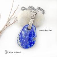 This one-of-a-kind necklace features a gorgeous, natural lapis lazuli gemstone accented with a handcrafted sterling silver bail with a lightly hammered organic texture. The stone is a beautiful shade of blue with white inclusions, along with a sprinkling of natural sparkly pyrite inclusions. The stone is equally gorgeous on both sides, so I designed it to be reversible. (See all photos for alternate sides). Makes a great gift for a natural stone lover - or a nice addition to your own jewelry wardrobe.