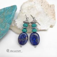 These handcrafted earrings feature natural lapis lazuli oval shaped gemstones accented with faceted turquoise and faceted hematite gemstones and textured silver pewter beads. Full of sundance style and southwestern charm, they'll coordinate well with all wardrobe types. Handmade in the USA by Silver and Earth Jewelry - a Certified New Mexico True business.