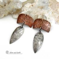 These handcrafted sterling silver and copper mixed metal earrings have an earthy, organic style with a modern tribal vibe. Unique and versatile, the combination of metals enables them to mix and match with other copper and silver accessories in your wardrobe. Handmade in the USA by Silver and Earth Jewelry.