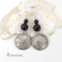 Sterling Silver Earrings with Black Onyx Stones - Unique Modern Silver Jewelry