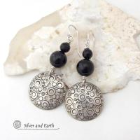 Sterling Silver Earrings with Black Onyx Stones - Unique Modern Silver Jewelry