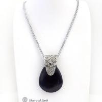Black Onyx Sterling Silver Pendant Necklace - Contemporary Modern Gemstone Jewelry - Seventh Anniversary Gift