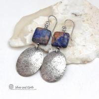 Sterling Silver Earrings with Orange & Blue Sodalite Gemstones - Handcrafted Artisan Silver Jewelry