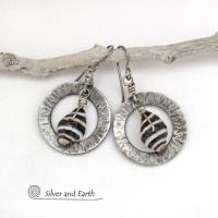 Silver Pewter Circle Hoop Earrings with Black and White Seashells - Artisan Handmade Earthy Natural Sea Shell Jewelry