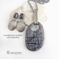 Sterling Silver Dangle Earrings with Grey Black Picasso Marble Gemstones - Matching Necklace Sold Separately