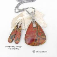 Large Red Creek Jasper Sterling Silver Necklace - Bold Earthy Natural Stone Jewelry - Matching Earrings Available