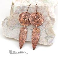 Rustic Hammered Solid Copper Dangle Earrings - Artisan Handmade Bold Rustic Hand Forged Metal Jewelry