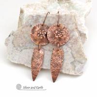 Rustic Hammered Solid Copper Dangle Earrings - Artisan Handmade Bold Rustic Hand Forged Metal Jewelry