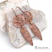 Rustic Hammered Solid Copper Dangle Earrings - Artisan Handmade Bold Rustic Hand Forged Metal Jewelry