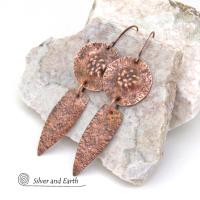 Rustic Hammered Solid Copper Dangle Earrings - Artisan Handmade Bold Rustic Hand Forged Metal Jewelry