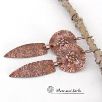 Rustic Hammered Solid Copper Dangle Earrings - Artisan Handmade Bold Rustic Hand Forged Metal Jewelry