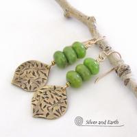 Hand Stamped Gold Brass Dangle Earrings with Green Serpentine Gemstones - Modern Earthy Chic Natural Stone Jewelry