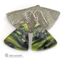 Green Serpentine Gemstone Earrings - One of a Kind Earthy Natural Stone Jewelry