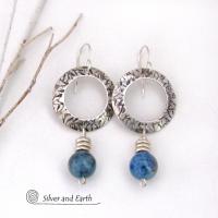 Sterling Silver Circle Hoop Earrings with Natural Blue Aquamarine Gemstones - March Birthstone Jewelry