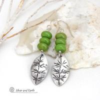 Small Sterling Silver Leaf Earrings with Green Serpentine Gemstones - Jewelry Gifts for Nature Lovers