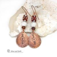 Hand Stamped Copper Dangle Earrings with Etched Tibetan Agate Stones - Unique Boho Chic Jewelry
